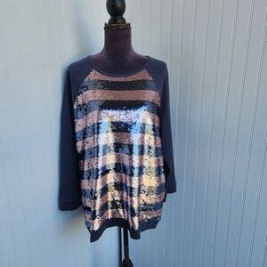 Loft Women's Charcoal Gray Rose Gold Sequins Stripes Long Sleeve Sweat Top XL